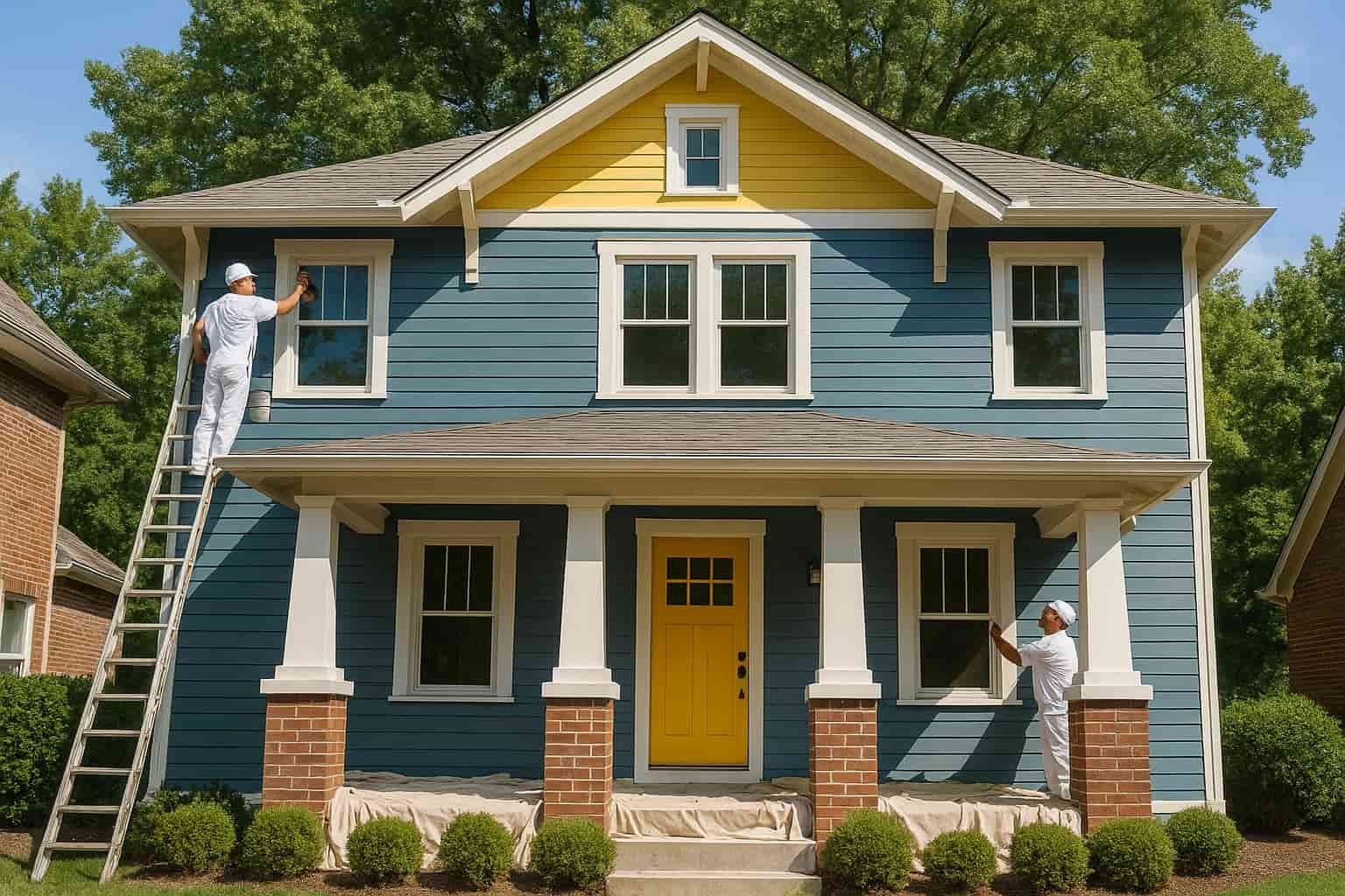 Professional house painting team working on a house exterior
