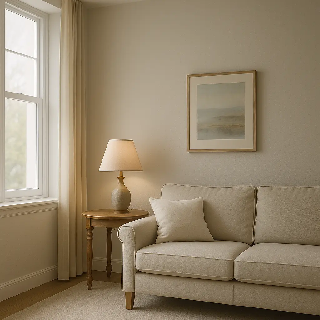 Reading corner showing subtle neutral wall color under soft daylight